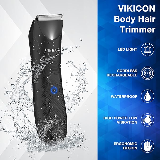 VIKICON Manscape Trimmer for Men - No Nicks Electric Razor-Shaver for Balls/Pubic/Groin/Legs/Chest Hair Removal w/Light & Ceramic Blade, IPX7 Waterproof Body Groomer USB-C Charging, Gifts for Him Dad