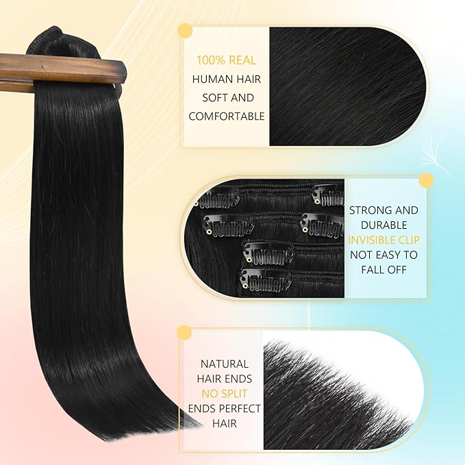 Clip in Hair Extensions 100% Real Human Hair Remy Straight Hair Extensions Clip ins for Women 20 Inch 75g Straight Natural Smooth Black Hair Extension