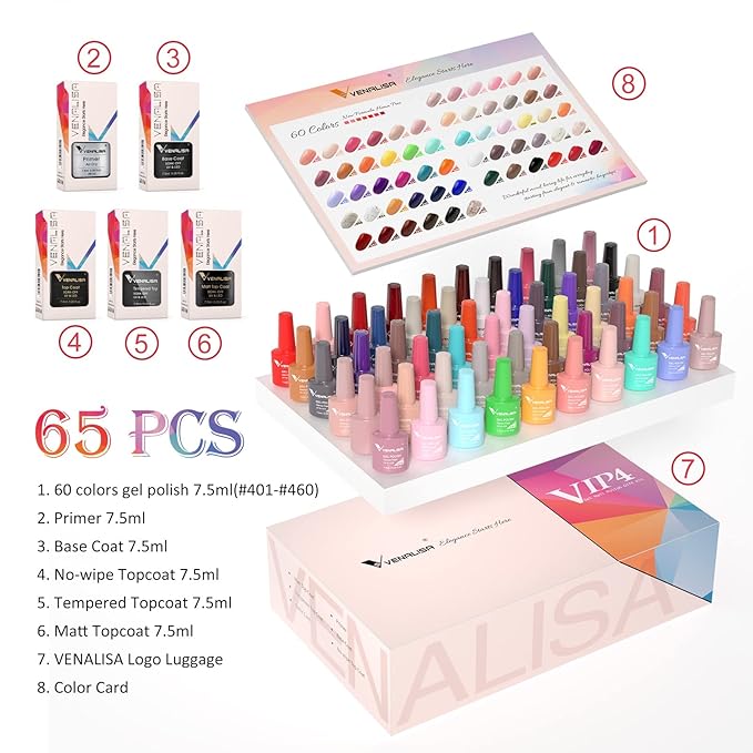 VENALISA VIP4 65PCS Gel Nail Polish Set, 60 Colors 7.5ML White Black Pink Nude Gel Polish Colors Nail Art Starter Kit