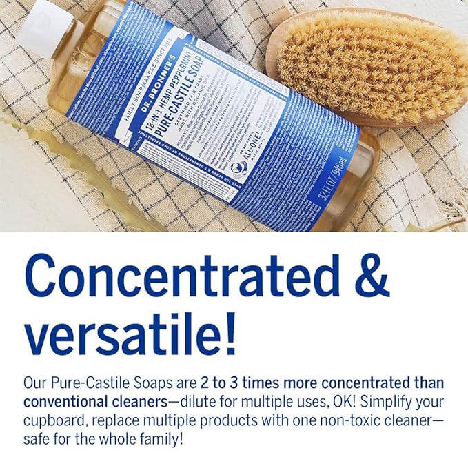 Dr. Bronner's - Pure-Castile Liquid Soap (Peppermint, 32 Ounce, 4-Pack) - Made with Organic Oils, 18-in-1 Uses: Face, Body, Hair, Laundry, Pets & Dishes, Concentrated, Vegan, Non-GMO