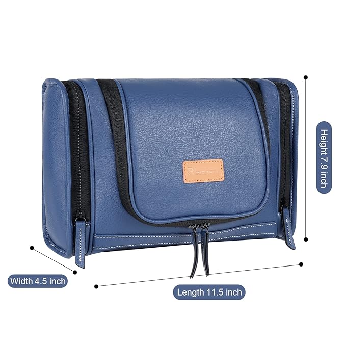 MIRASON Hanging Toiletry Bag for Men PVC Leather Dopp Kit Waterproof Travel Organizer Bag with Sturdy Metal Hook and Handle for Bathroom Shower Cosmetics Camping Brushes Shaving (Blue)