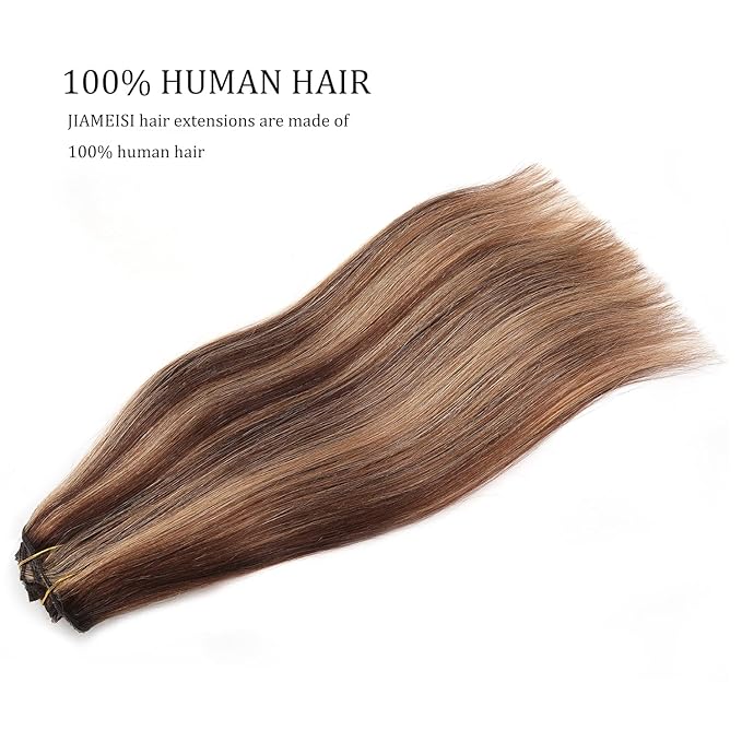 Clip in Human Hair Extensions,120g 8pcs Lace Clip in Real Human Hair Extensions Straight 4/27 Balayage Strawberry Blonde to Medium Brown 14inch