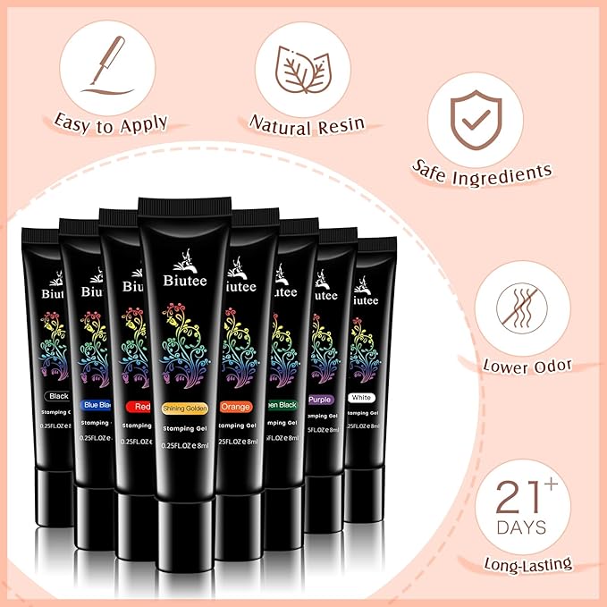 SEISSO 8 Colors Nail Stamping Polish Gels Nail Stamper Kit + 4pcs Nail Stamp Templates + 1 Peel Off Nail Tape Stamp Latex Bose Coat & Top Coat with Scraper Flower Holiday Art Design Gift DIY Manicure