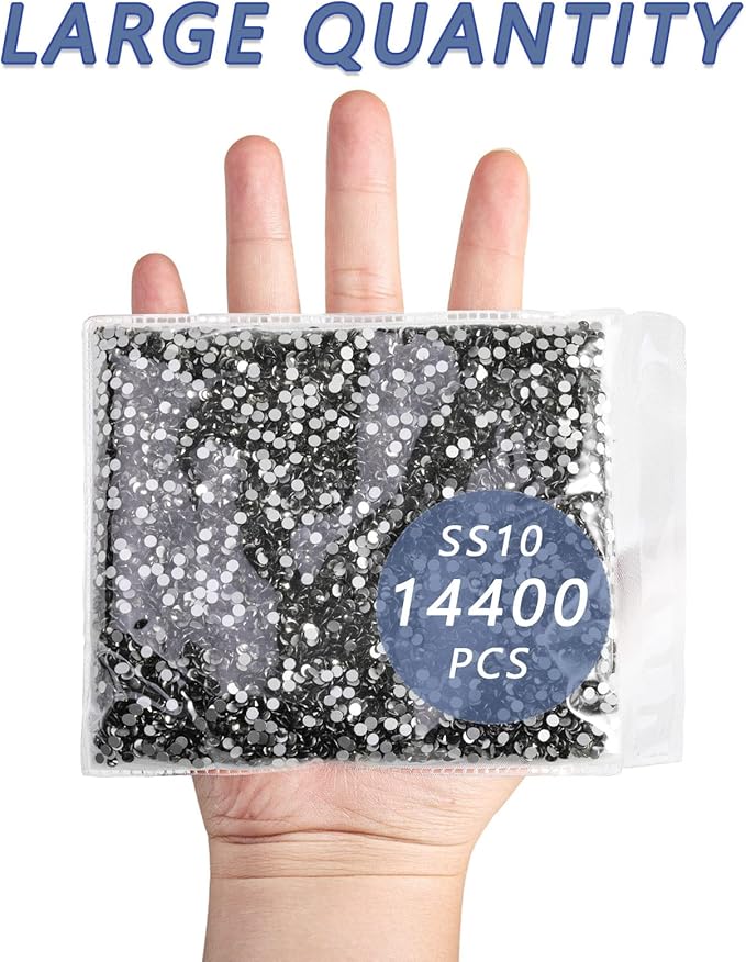 Beadsland Flatback Rhinestones Bulk,14400pcs Gray Rhinestones for Nails Crafts Clothes DIY Decoration, Black Diamond, SS10, 2.7-2.9mm