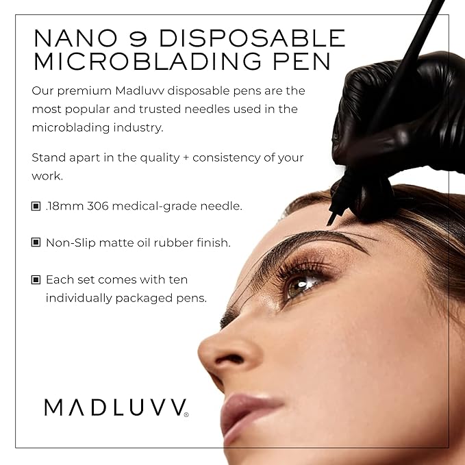 MADLUVV Nano 9 Professional Brow Artistry Pens for Flawless Eyebrows, Premium Pens for Pigment Ink, 18mm Sterile Disposable Micro Brow Sharp – 10 Pack