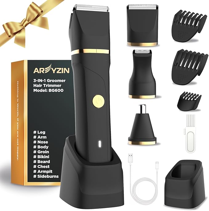 Areyzin Body Hair Trimmer & Groomer, 3 in 1 Pubic Hair Trimmer, USB Recharge, Replaceable Blade, IPX7, Men's Black Grooming Kit