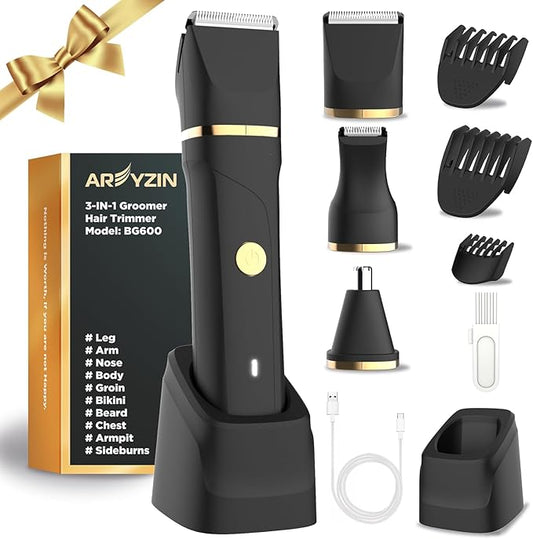 Areyzin Body Hair Trimmer & Groomer, 3 in 1 Pubic Hair Trimmer, USB Recharge, Replaceable Blade, IPX7, Men's Black Grooming Kit