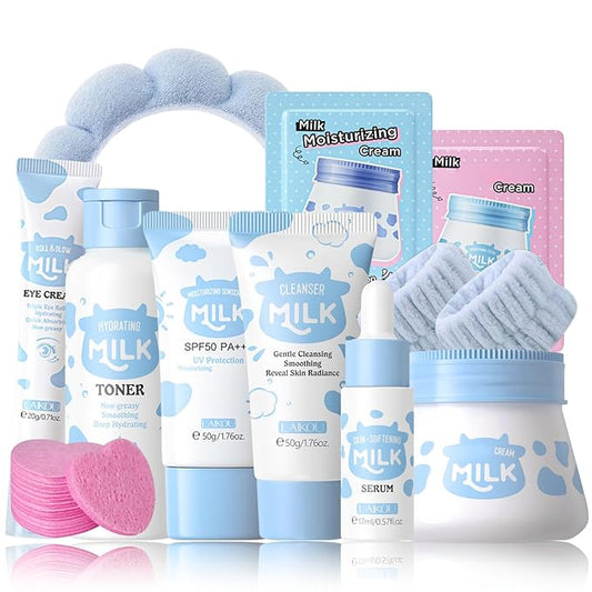 Milk Skincare Sets for Teen Girls - Face Care Kit with Sunscreen, Serum, Toner, Eye Cream - Moisturizing & Firming - Unisex - Skin Care Set