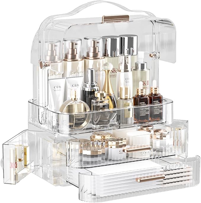 LINFIDITE Cosmetics Storage Box Transparent Lid Large Makeup Organizer Box Drawers Portable Handle Waterproof Dustproof Skincare Display Cases for Countertop, Bathroom, Dresser,Gift Clear