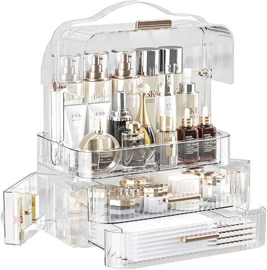 LINFIDITE Cosmetics Storage Box Transparent Lid Large Makeup Organizer Box Drawers Portable Handle Waterproof Dustproof Skincare Display Cases for Countertop, Bathroom, Dresser,Gift Clear