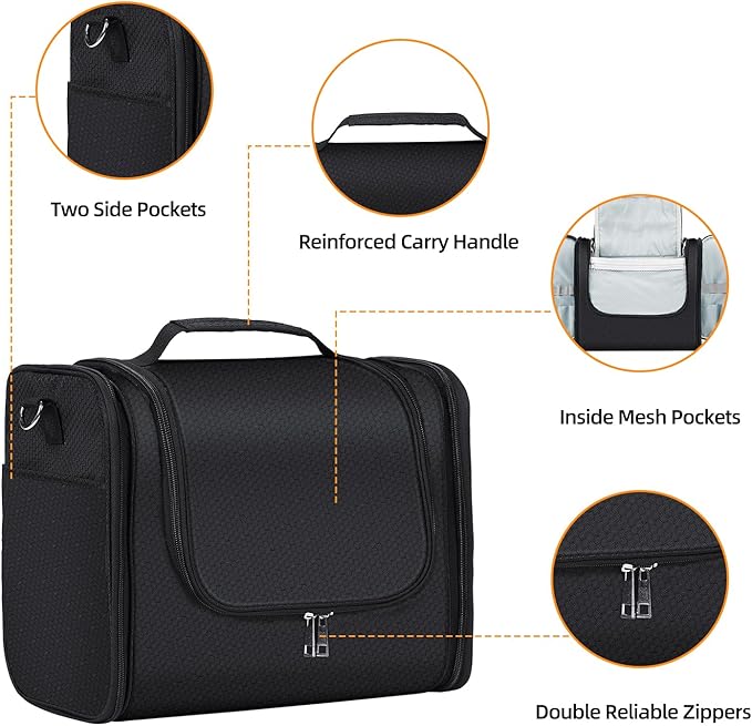 Buruis Extra Large Capacity Toiletry Bag for Women and Men, Hanging Toiletry Organizer Cosmetics Makeup Bag, Water-resistant Dopp Kit for Full Sized Toiletries, Travel Essentials (Black)