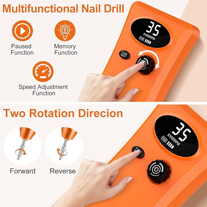 Electric Nail Drill, Urbuti 35000RPM Professional Nail Drill Machine, Portable Rechargeable File Machine Set for Acrylic Gel Nails, Manicure Pedicure Tools for Home and Salon Use(Orange)