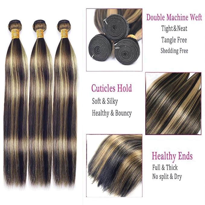 Ombre P1B27 Human Hair Straight Bundles Black and Blonde Straight Bundles two tone Brazilian Human Hair Extensions Soft and Silky for Black Women 8 10 12 Inch