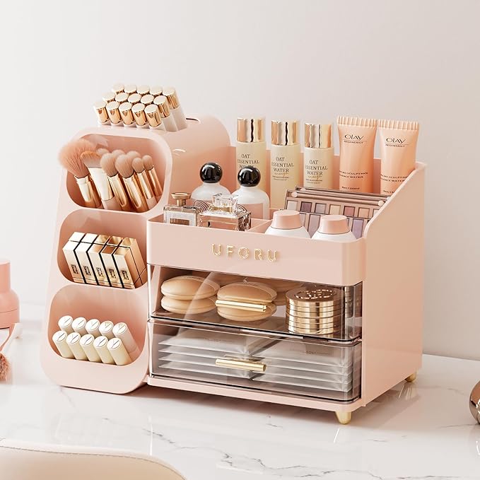 Makeup Organizer for Vanity, Countertop Organizer With Drawers, Spacious Cosmetic Display Case for Beauty Essential, Skincare, Lipstick, Pink