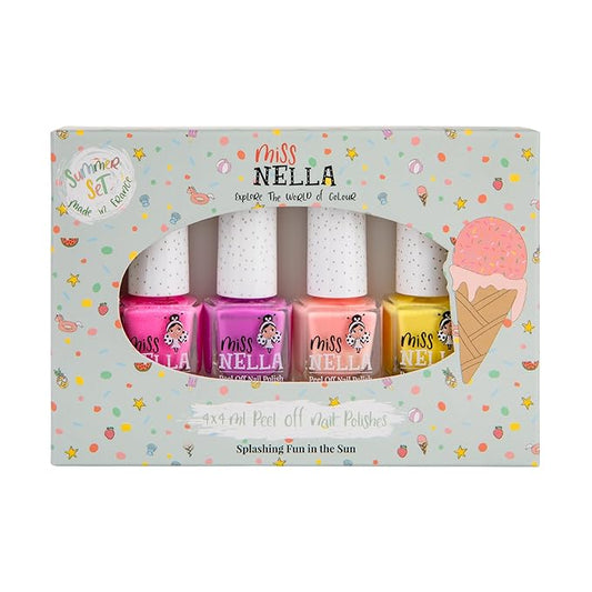 Miss Nella SUMMER COLLECTION Glitter, kids Nail Polish set of 4: pink, purple, peach & yellow Peel-Off varnish for toddlers