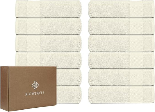 BIOWEAVES 100% Organic Cotton 700 GSM Plush Washcloths 13" x 13" GOTS Certified - Ivory, Pack of 12
