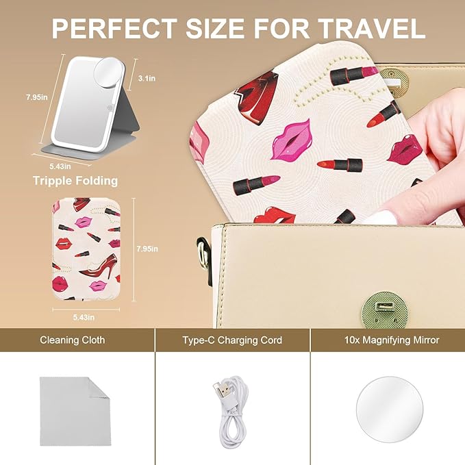 Mocado Travel Makeup Mirro with Lights, 360° Rotation Lighted Makeup Mirror, Portable Mirror with 10x Magnification, 3 Color Lightings, Dimmable Touch Screen, Tabletop Light up Mirror(Lipstick)