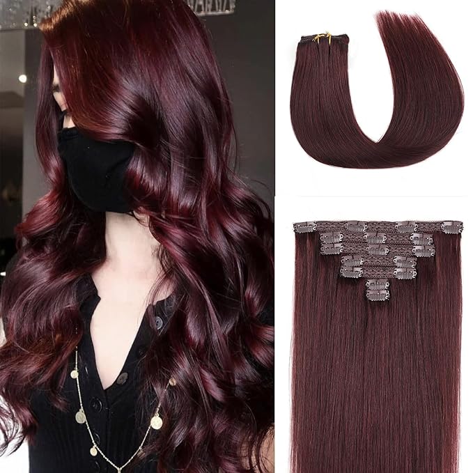 12Inch Clip In Hair Extensions Burgundy Human Hair Seamless Sliky Straight 70G 7Pcs #99J Wine Red Human Hair Clip in Extensions