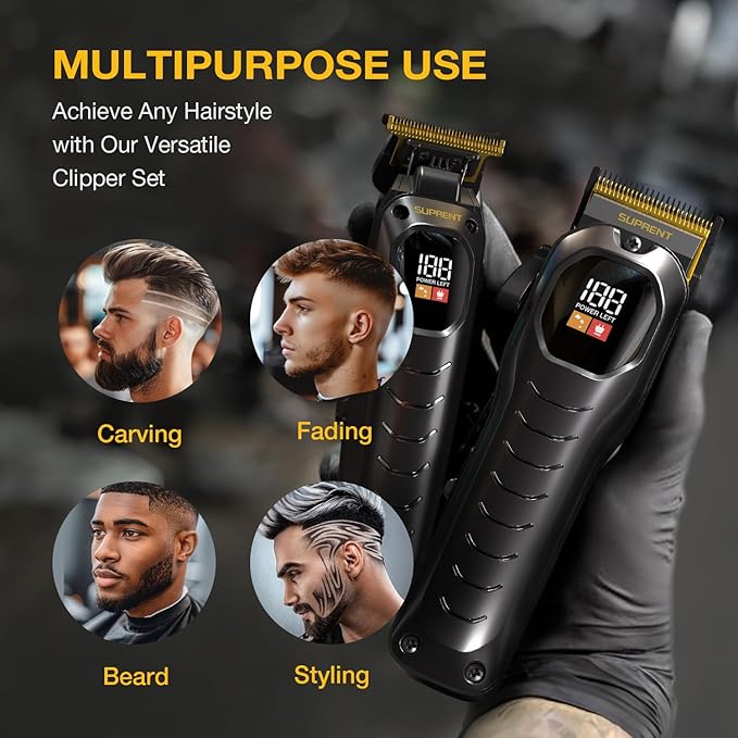 SUPRENT Cordless Hair Clippers for Men - Professional Hair Clipper & Trimmer Set, Wireless Hair Cutting Kit for Family, Rechargeable Cordless Hair & Beard Trimming Set for Men with LED Display