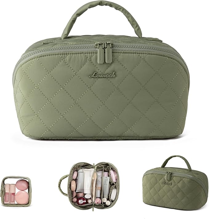 LOVEVOOK Travel Makeup Bag for Women 2Pcs Set, Large Capacity Pouch Open Flat Toiletry Bags with Divider & Handle,Puffer Waterproof Cosmetic Organizer