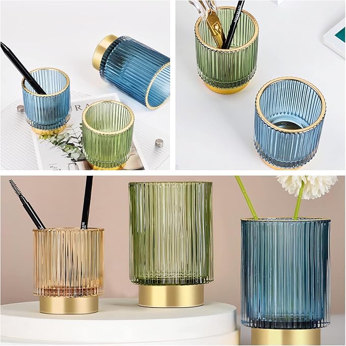 DASITON Makeup Brush holder Organizer,Crystal Cosmetic Makeup Brush Glass Brushes Storage Holder, Vintage Make Up Brush Cup Pen Pencil Holder striped vase(Blue L)