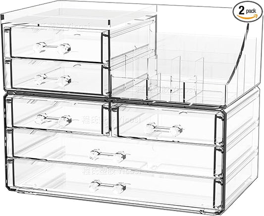 Cq acrylic Make Up Organizers for Vanity With 6 Drawers, 2 Pack Clear Drawer Organizers,Plastic Cute Desk Accessories Organization and Bathroom Organizers Storage Case Box Cube for Beauty,Skin Care