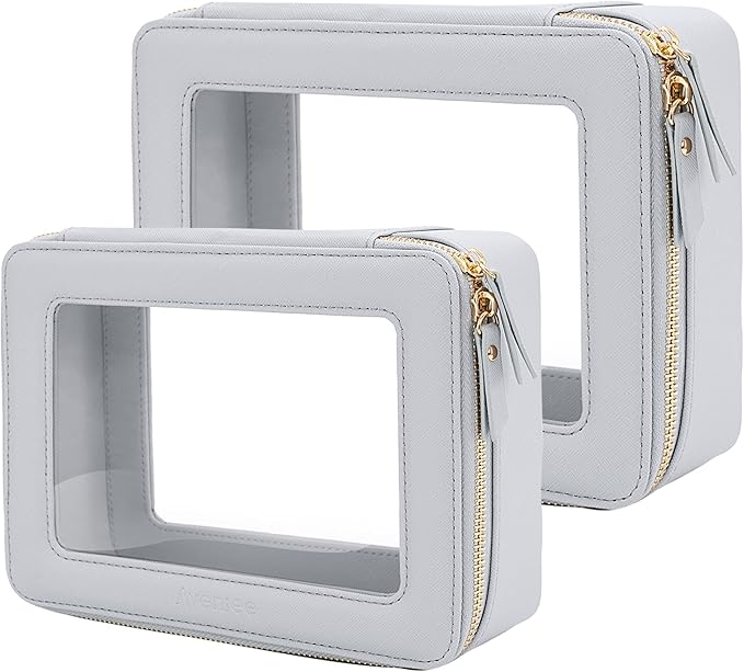 Aveniee Clear Makeup Bag Organizer, Portable Travel Toiletry Cosmetic Bag Case for Women, Heavy Duty Vegan Leather Make Up Pouch Car Bag for Essentials(Middle+Large) - Slate blue