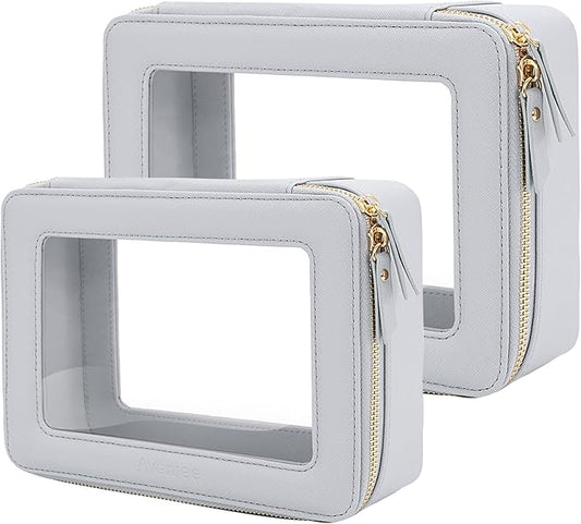 Aveniee Clear Makeup Bag Organizer, Portable Travel Toiletry Cosmetic Bag Case for Women, Heavy Duty Vegan Leather Make Up Pouch Car Bag for Essentials(Middle+Large) - Slate blue