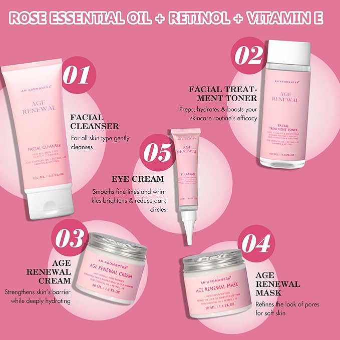 Mother's Day Gifts for Mom Skin Care Routine Kit for Women, Rose Essential Oil+Retinol+ Vitamin E, 10-Piece Complete Skin Care Set, Korean Skin Care Set, Birthday Gifts for Women