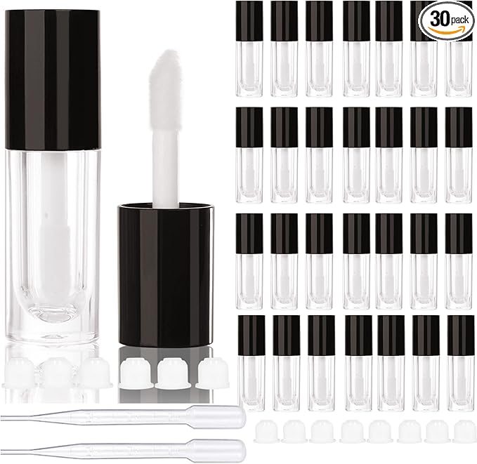 COSIDEA 30pcs Black Empty 6ml 0.2oz Lip Gloss Tubes with Big Doe Foot Wand，Round Lipgloss Containers，Concealer Tube Cosmetic Packing Container Bulk Wholesale