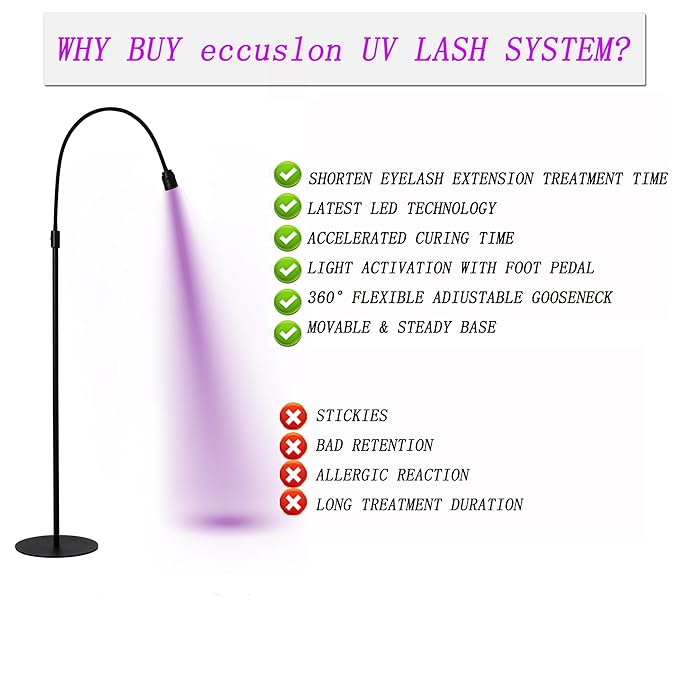12W UV Lash Light with Foot Pedal, Rapid Dry in 2 Seconds Lash Lamp for Eyelash Extension Grafting Eyebrow Beauty Salon, Adjustable Angle and Light Spot Size, Lash Light for Eyelash Tech (Black)