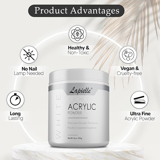 Professional Acrylic Powder for Nail Art. Long-lasting, Large capacity and quick dry. Quality Salon Manicure Nail extension CLEAR, PINK, & WHITE (16oz) (White)