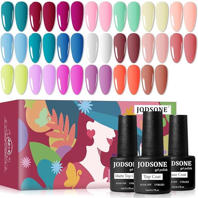 JODSONE 23 PCS Gel Polish Kit Colorful Fashion Classic Nail Gel Set 3 Bottles of Base Coat Matte and Glossy Top Coat