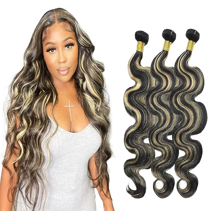 Highlight P1B27 Body Wave Bundles Human Hair #1B Mixed With #27 Body Wave Human Hair Bundles two tone Brazilian Human Hair Extensions Weave Wet and Wavy for Black Women 12 14 16 Inch