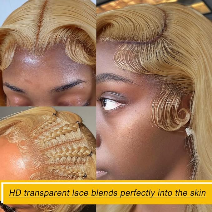 Azkiu 28Inch Honey Blonde Lace Front Wigs Human Hair 13x4 Body Wave 27# HD Transparent Lace Front Wig Pre Plucked with Baby Hair 150% Density Brazilian Virgin Lace Frontal Wig