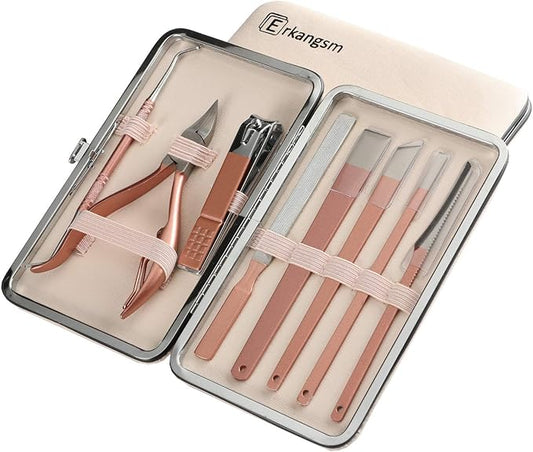 Professional Pedicure Manicure Tools Kit - Erkangsm 8 in 1 Stainless Steel Pedicure Set,Toenail Nipper,Pedicure Knife,Toenail Lifter,Nail Clipper,PU Leather Travel Case,Pink