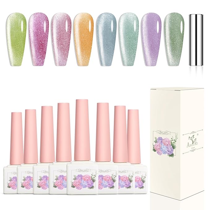 Adhere 8Pcs 12ML Color Transparent Candy Crystal Cat Eye Gel Nail Polish Kit with Magnet Jelly Color Jewelry Cat Eye Series Gel Polish Soak Off Led Nail Art Gel Manicure Salon DIY Gifts