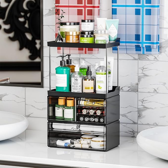 3 Tier 6-Drawer Bathroom Counter Organizer Shelf - Stackable Design - 18.9" Tall Large Skin Care Organizer Suitable as Makeup,Beauty,Face Product,Lotion,Skincare Organizers,Black