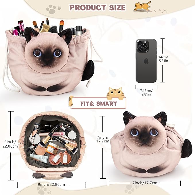 Drawstring Makeup Bag, Cat Makeup Bag, Travel Makeup Organizer, Cosmetic Pouch Bag, Cat Gift for Women, Lay Flat Makeup Bag Gifts for Cat Lovers