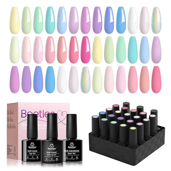 Beetles Gel Polish 5 in 1 Nail Glue and Base Gel Kit for Acrylic Nails and Gel Polish Nail Set 20 Colors Dreamy Town Collection Pastel Girly Sparkle Glitter 2023 Spring Summer Macaroon
