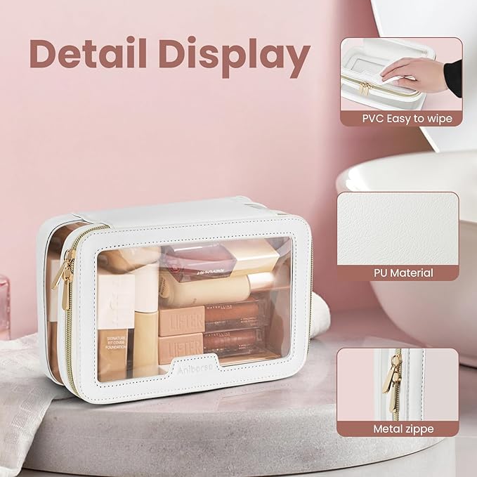 Clear Makeup Bag, Travel Clear Cosmetic Bag and Makeup Brush Bag, Transparent Portable Makeup Case, Waterproof Toiletry Bag with Zipper for Women, White