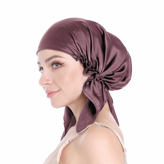 100% Silk Bonnet for Sleeping, Hair Bonnet with Tie Band, Large Silk Sleep Cap for Curly Hair, Silk Hair Wrap for Hair Care (Mauve)