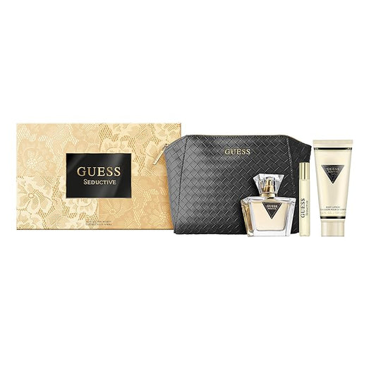 Guess Seductive Women Eau de Toilette 4 Piece Gift Set - Perfume Spray 2.5 Fl. Oz., Travel Size Perfume Spray 0.5 Fl. Oz., 3.4 Fl. Oz. Body Lotion, & Pouch