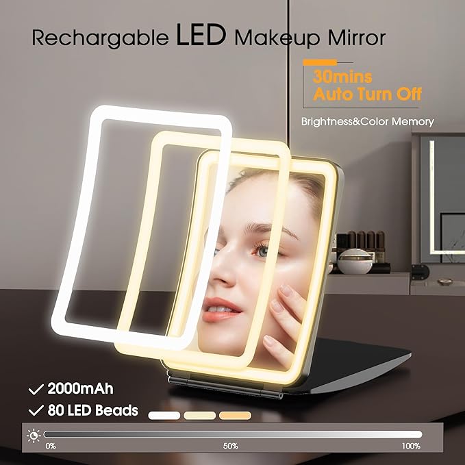 Travel Makeup Mirror with Lights and Magnification, 10X/1X Magnifying Vanity Mirror with 3 Colors & Brightness Adjustable, 2000 mAh Rechargeable Lighted Compact Mirror, Women Gift (Black)