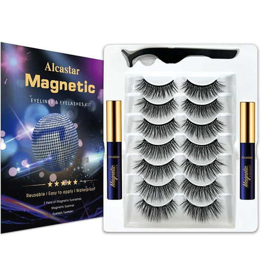 Alcastar Magnetic Eyelashes with Eyeliner Kit,Natural Magnetic Eyelash,Water, proof Reusable Long Lasting, Easy Apply (cat eye72-M43)