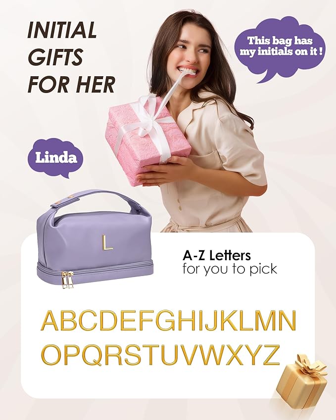 Personalized Gifts, Makeup Bags with Handle, Waterproof Double Layer Cosmetic Bag, Large Capacity PU Leather Makeup Bags Letter Travel Toiletry Bag, Birthday Gifts for Girls