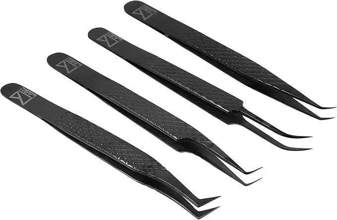 M LASH Tweezers for Eyelash Extensions (Set of 4) - Professional Lash Extension Tweezers - Japanese Steel, Diamond Grip