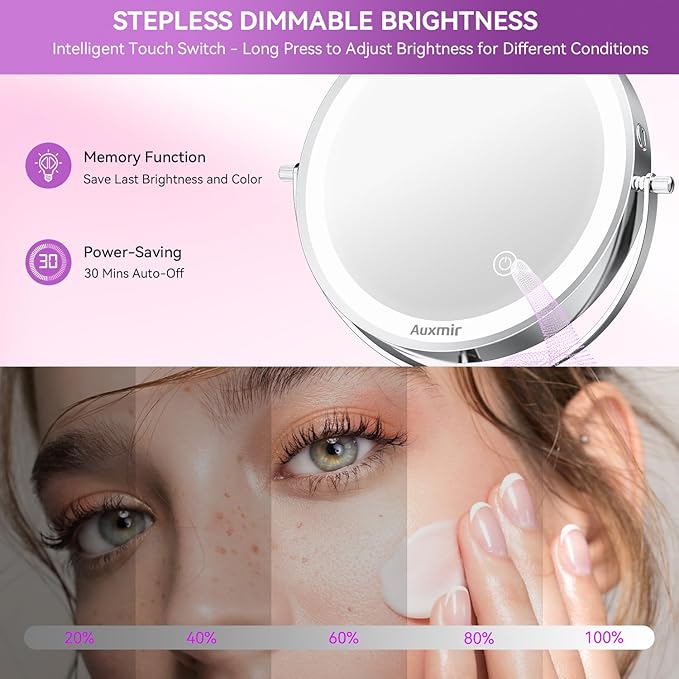 8" Lighted Makeup Mirror Rechargeable 1X/10X Magnifying Mirror with 3 Dimmable Colors Light, Double Sided Vanity Mirror with Stand, 360° Rotation Touch Screen Tabletop, Chrome