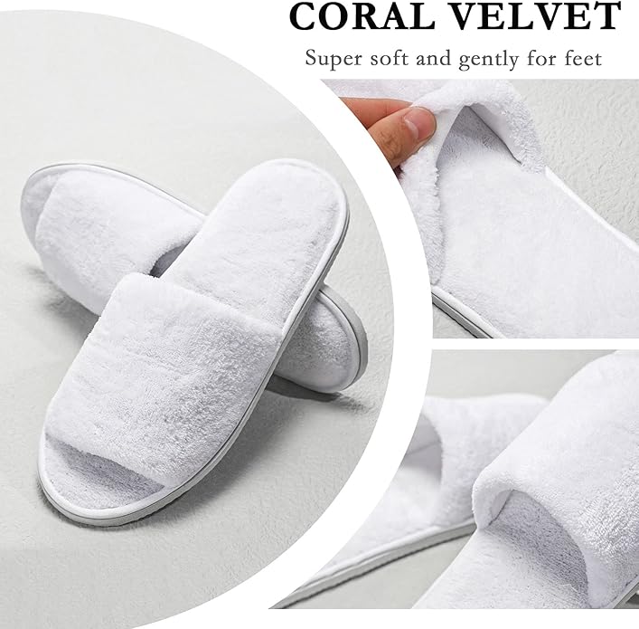 Shinymoon 8 Pairs Disposable Velvet Open Toe Non Slip Spa & Travel Slippers - White, Medium
