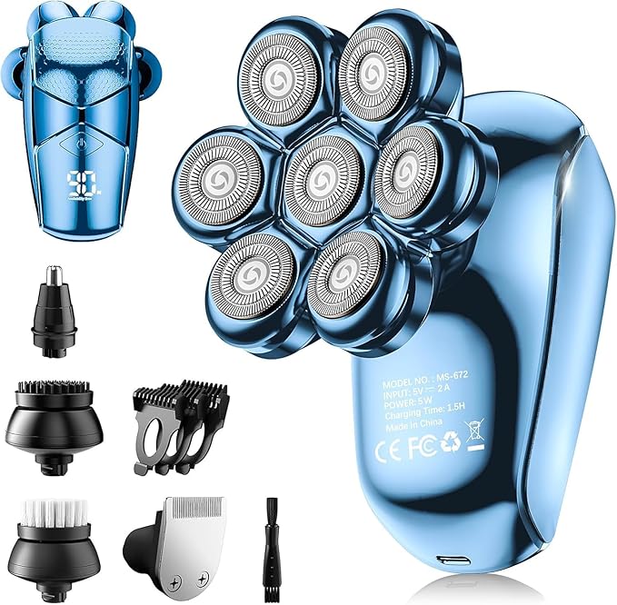 Detachable Head Shavers, SHPAVVER 5 in 1 Electric Razor IPX7 Waterproof for Bald Men, Wet Dry LED Display Rechargeable 7D Rotary Shaver Grooming Kit，Bright Blue